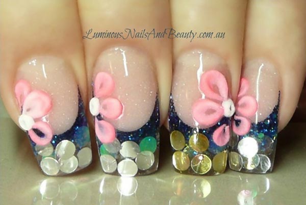 3D flowers sequins french nails