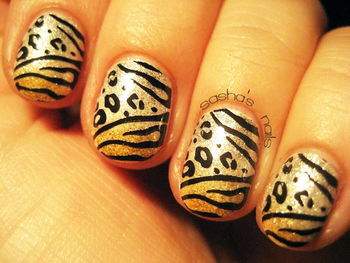 animal print silver gold gradient nails