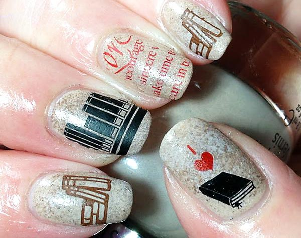 grey stamped back to school nails
