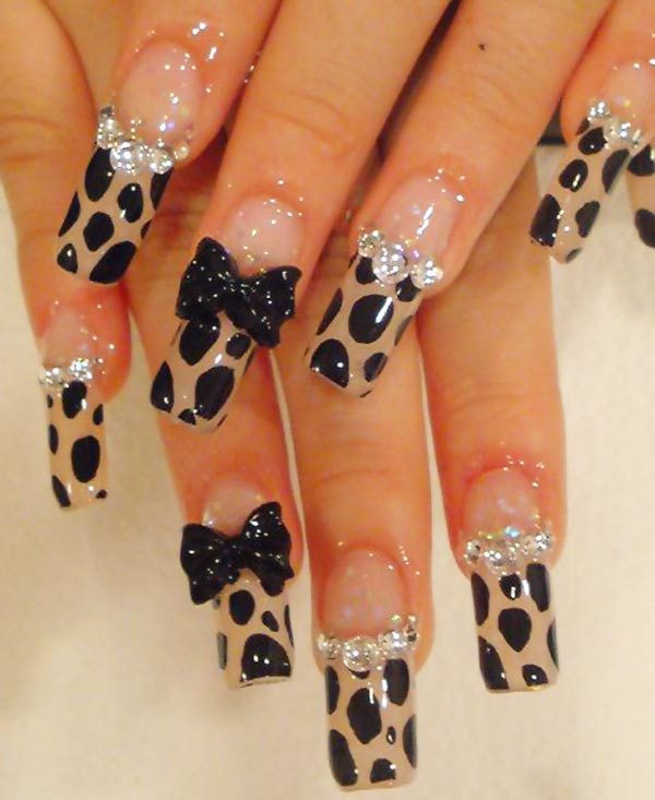 beige black animal print bows french nails