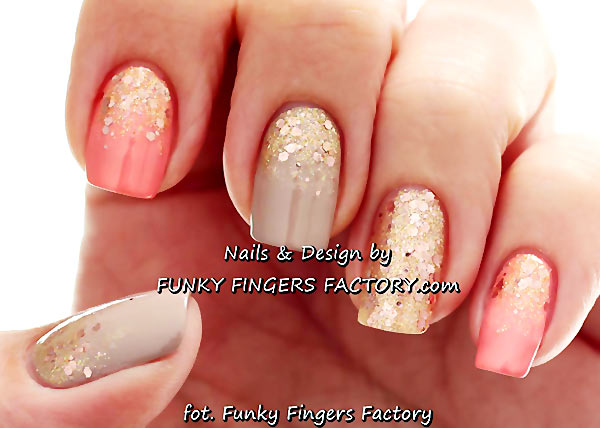 beige coral golden glitter girly nails