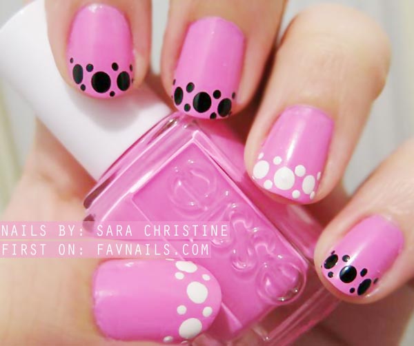 black white dots french pink nails