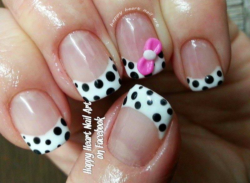 black and white dotted bow french nails