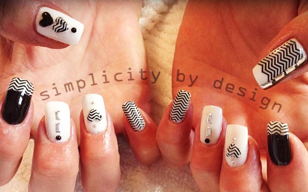 black and white french hearts chevron nails