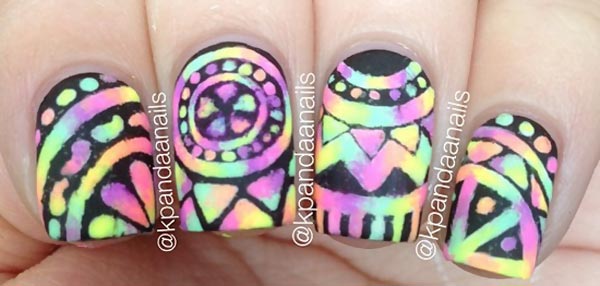 black aztec over neon tie dye nails