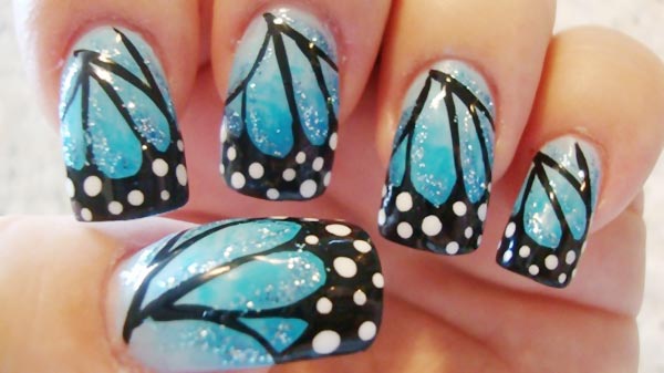 black butterfly wings blue gradient nails