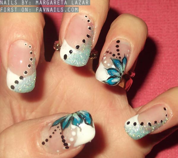 black dots blue flowers french nails
