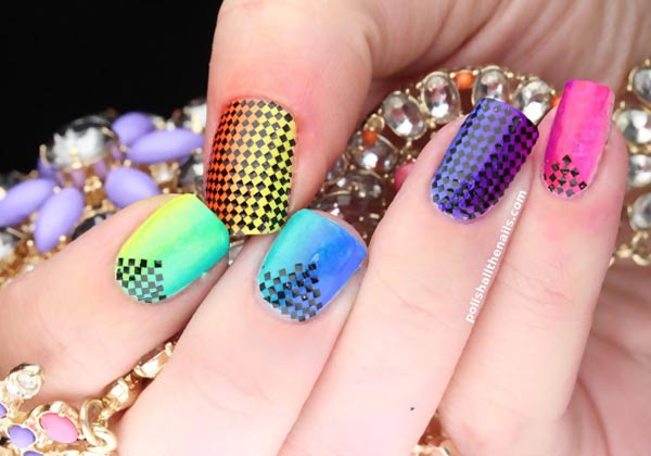 black glitter accent rainbow gradient nails