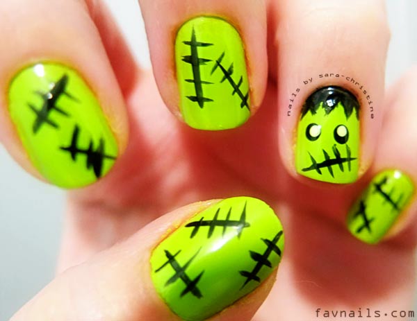 black green frankenstein halloween nails