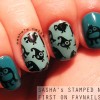 black monsters green stamped halloween nails
