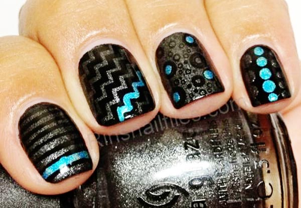 black turquoise shimmer geometric black nails