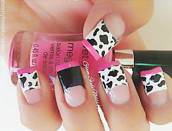 black white pink cow french nails