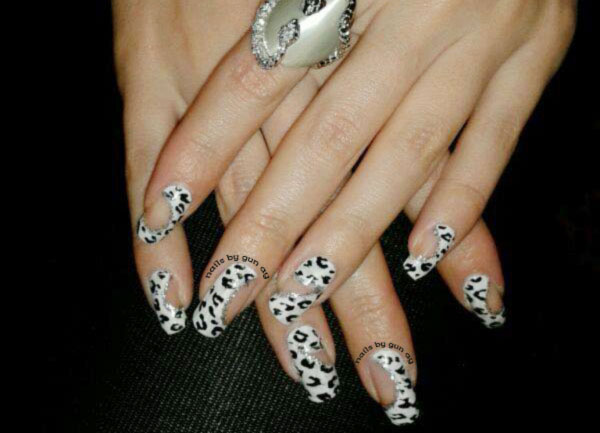 black and white cheetah silver glitter fancy nails