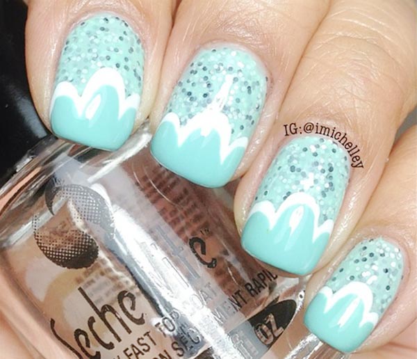 blue clouds french glitter nails