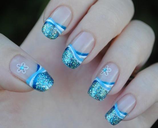 blue glitter french striped nails
