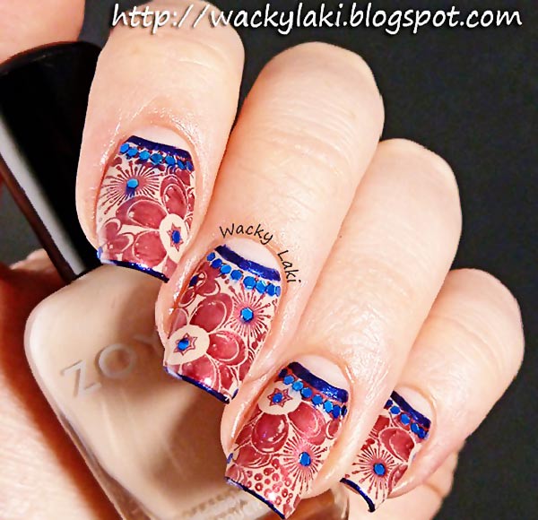blue glitter red stamped abstract nails