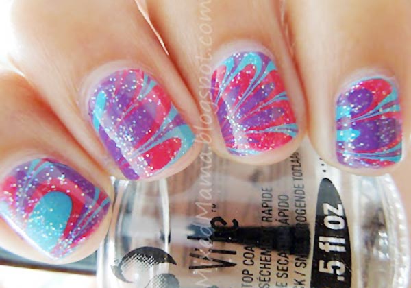 blue purple red glitter marbled nails