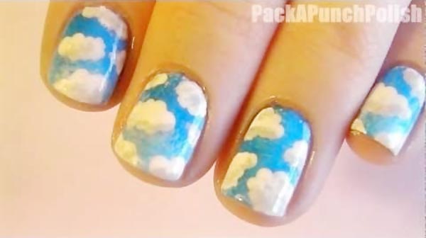 blue sky puffy white clouds nails