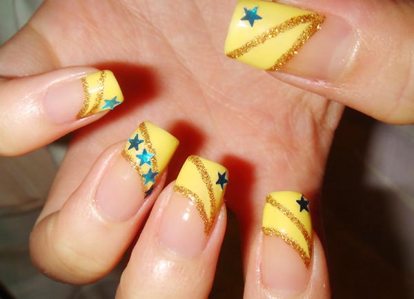 blue stars glitter yellow french nails