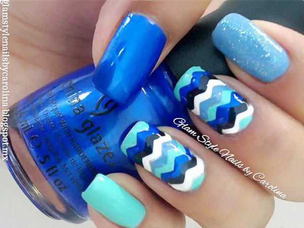 blue white beautiful chevron nails
