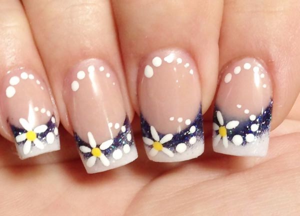blue white glitter french daisies nails