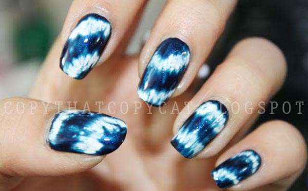 blue white tie dye nails