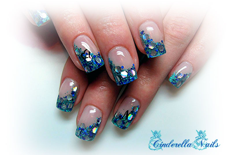 blue glitter french nails