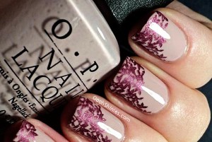 burgundy flowers beige nails - Favnails