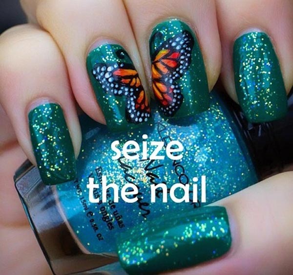 butterfly wings green glitter nails