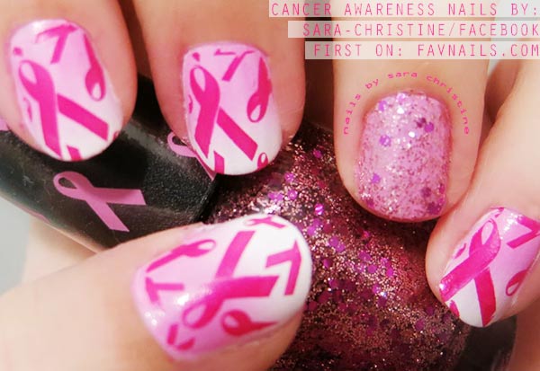 cancer awareness glitter pink stamped nails