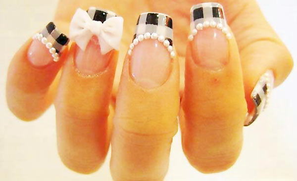 checkered black and white beads bows nails