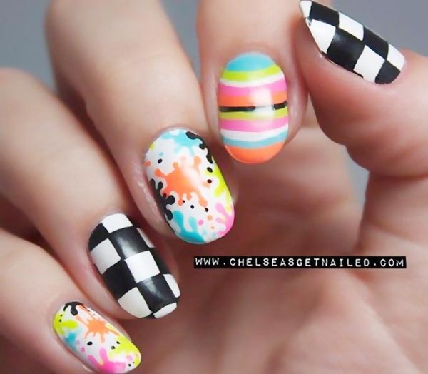 checkered splatter striped mix nails