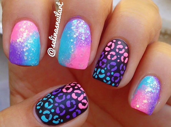 cheetah accented neon gradient nails