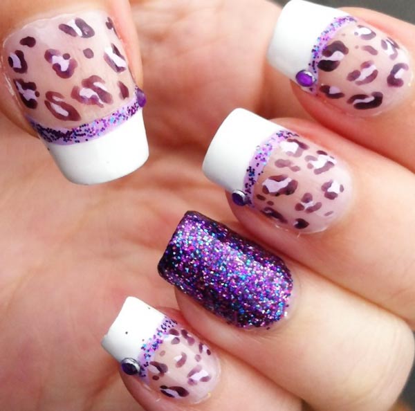 cheetah purple glitter accent french nails