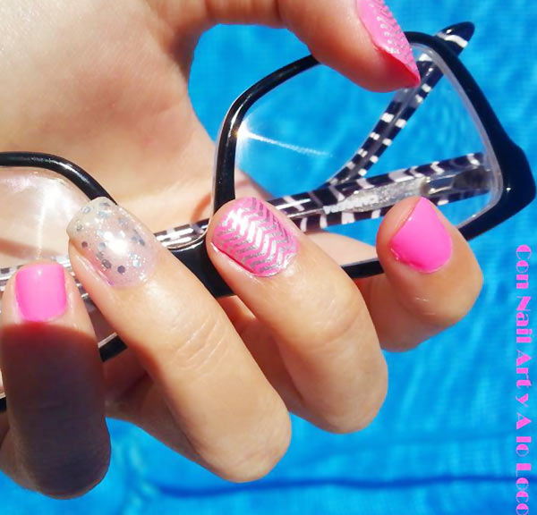 chevron stamped pink glitter summer nails