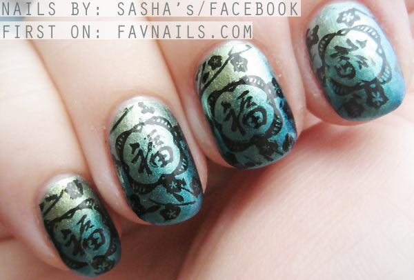 chinese stamped green gradient nails