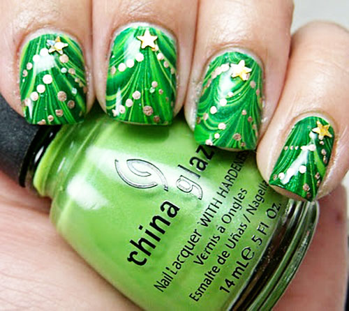 christmas tree green marbled nails