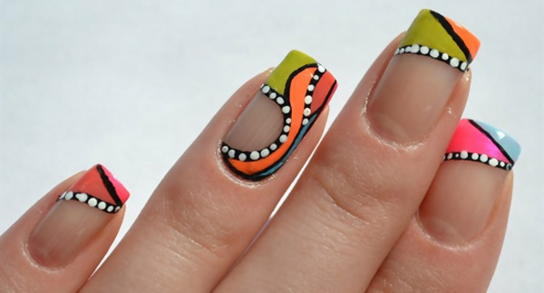 colorful artful dotted french nails