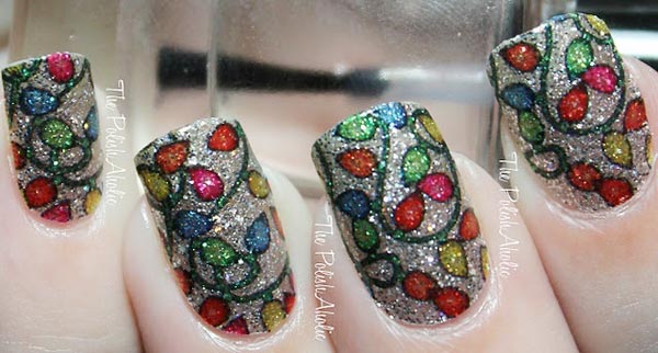 colorful fairy lights silver shimmer nails