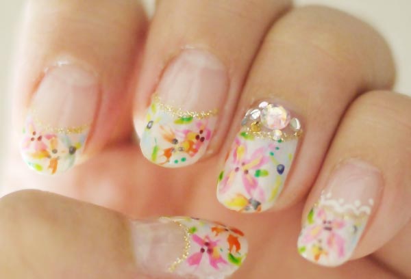 colorful flowers glitter rhinestones delicate nails