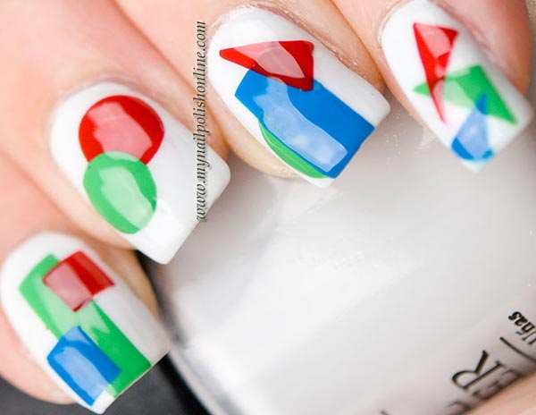 colorful geometry on white nails