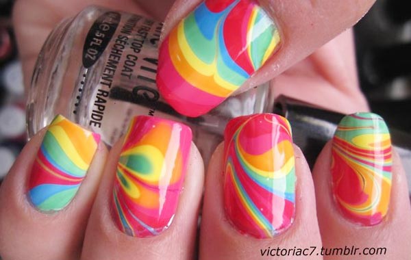 colorful marbled neon summer nails