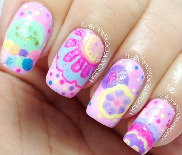 colorful pastels cartoon freehand nails