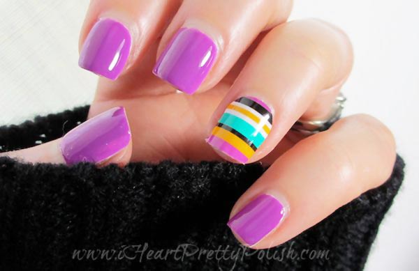 colorful stripes accent neon lilac nails