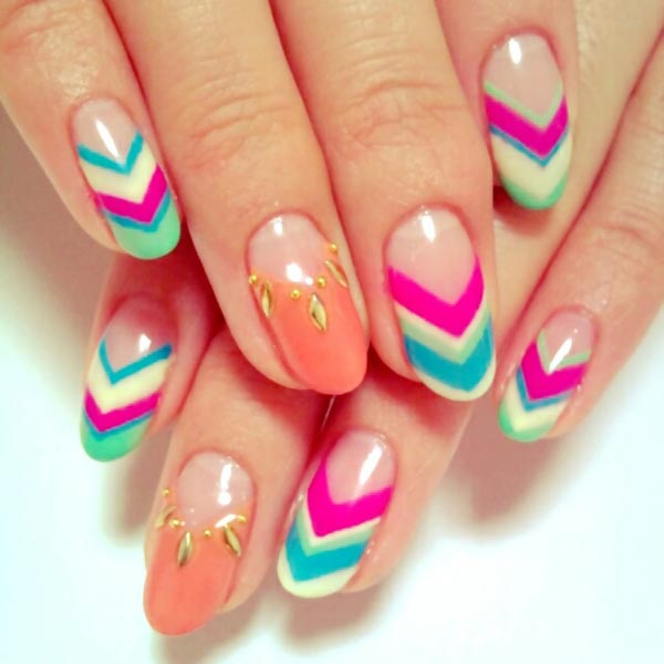 coral accents colorful chevron french nails