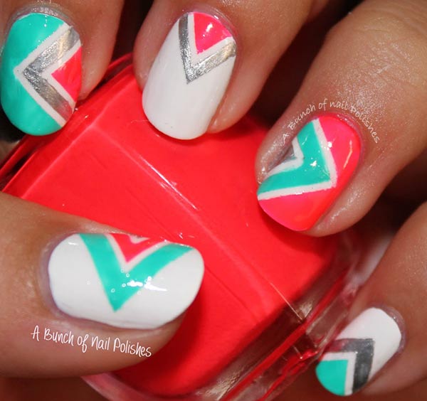 coral mint silver white neon geometry nails