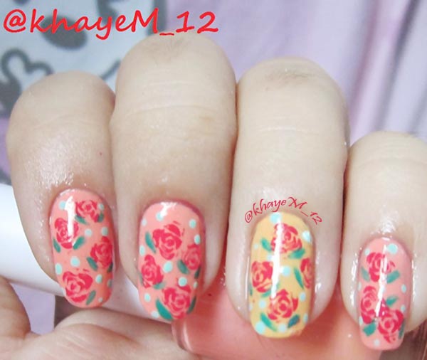coral yellow freehand roses nails