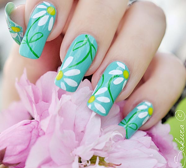 daisy spring blue nails