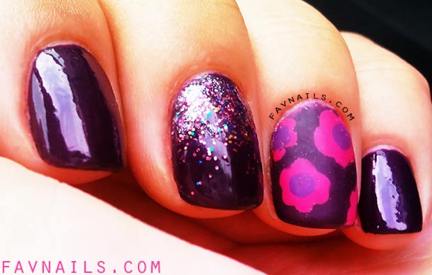 dotted flowers glitter accent purple nails