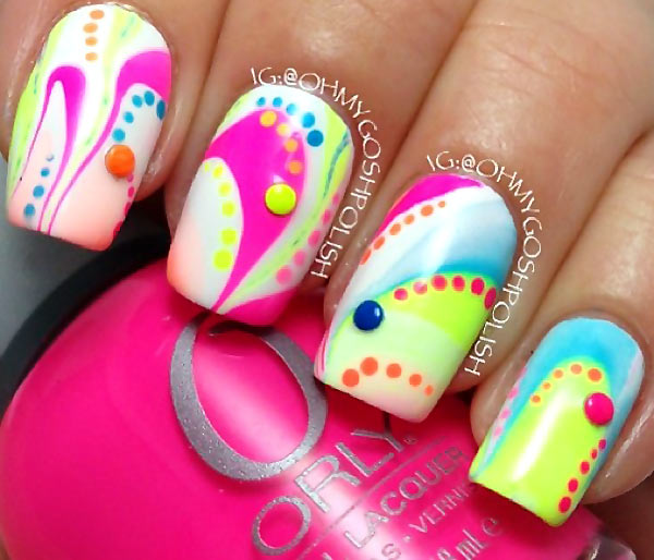 dotted neon summer marbled nails